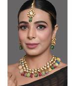 Gold Multicolored Kundan Necklace With Earrings & Mang Tika