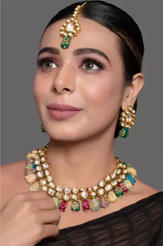 Gold Multicolored Kundan Necklace With Earrings & Mang Tika