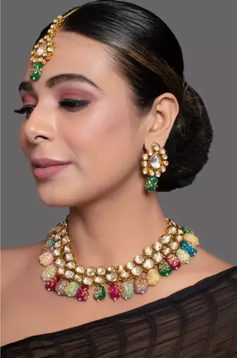 Gold Multicolored Kundan Necklace With Earrings & Mang Tika
