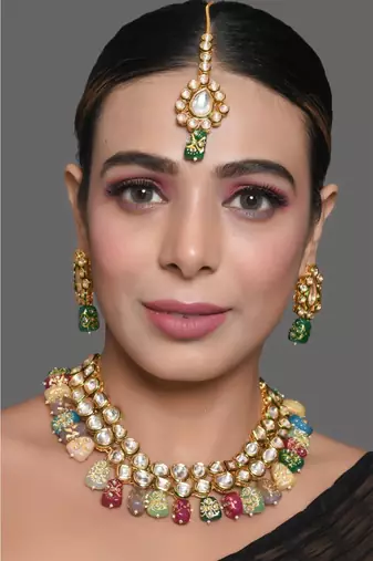Gold Multicolored Kundan Necklace With Earrings & Mang Tika