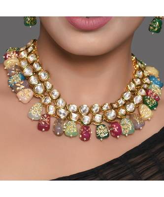 Gold Multicolored Kundan Necklace With Earrings & Mang Tika 5