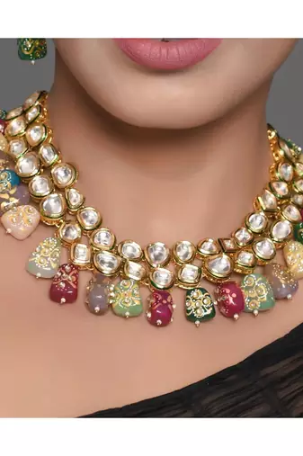 Gold Multicolored Kundan Necklace With Earrings & Mang Tika