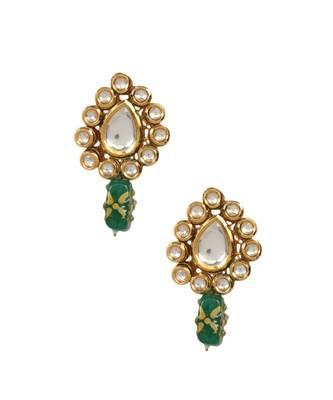 Gold Toned Green Beaded Kundan Earring 4