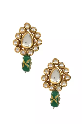 Gold Toned Green Beaded Kundan Earring