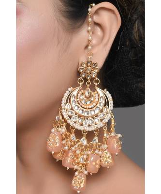 Peach Gold Tone Kundan Inspired Chandbali Earrings 3
