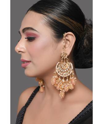Peach Gold Tone Kundan Inspired Chandbali Earrings 4