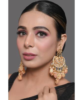 Peach Gold Tone Kundan Inspired Chandbali Earrings 5