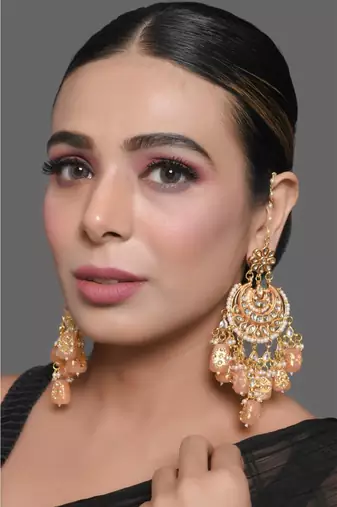 Peach Gold Tone Kundan Inspired Chandbali Earrings