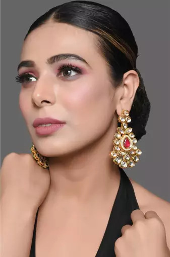 Red Gold Toned Kundan Inspired Earrings