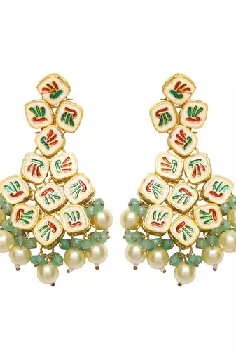 Jade Gold Tone Kundan Earrings And Maang Tikka With Pearls