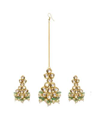 Jade Gold Tone Kundan Earrings And Maang Tikka With Pearls 4