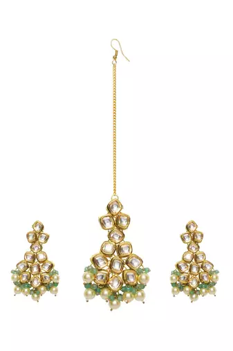 Jade Gold Tone Kundan Earrings And Maang Tikka With Pearls