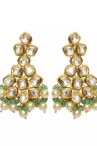 Jade Gold Tone Kundan Earrings And Maang Tikka With Pearls