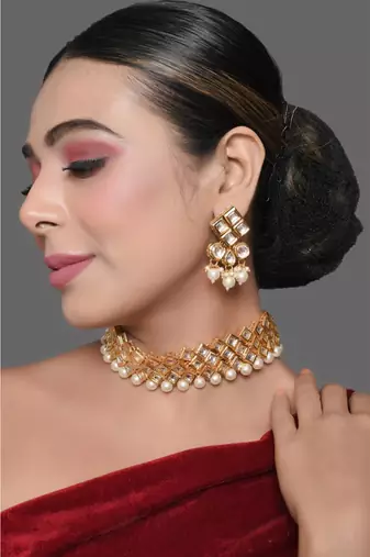 Pearl Beaded Kundan Choker With Matching Earrings