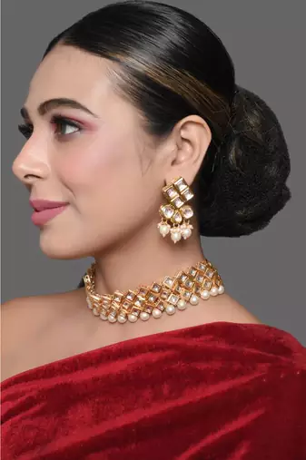 Pearl Beaded Kundan Choker With Matching Earrings
