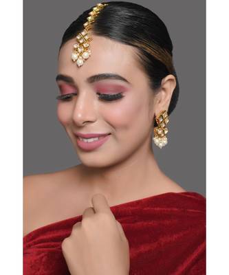 Pearl Beaded Kundan Inspired Earring & Mang Tika Set 2
