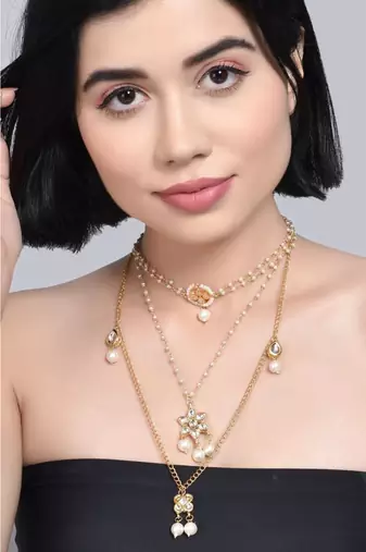 Multilayered Pearl Beaded Kundan Embellished Necklace Teamed With Choker