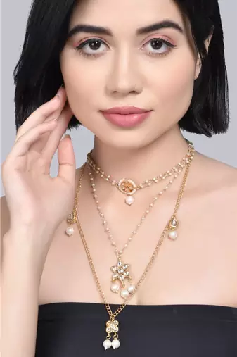 Multilayered Pearl Beaded Kundan Embellished Necklace Teamed With Choker
