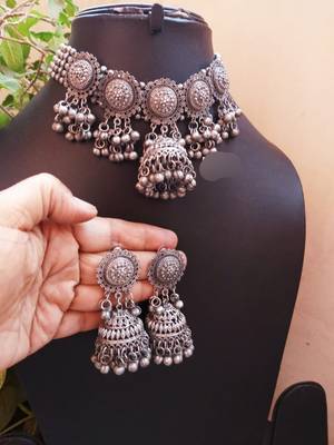German Silver oxidised set with Jhumki boho tribal jewelry/ Temple jewellery handmade oxidized choker set/ antique set 4