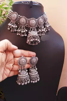 German Silver oxidised set with Jhumki boho tribal jewelry/ Temple jewellery handmade oxidized choker set/ antique set