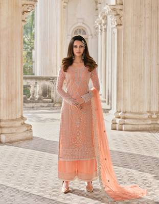Peach embroidered net salwar 1