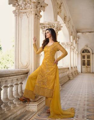 Mustard embroidered net salwar 1