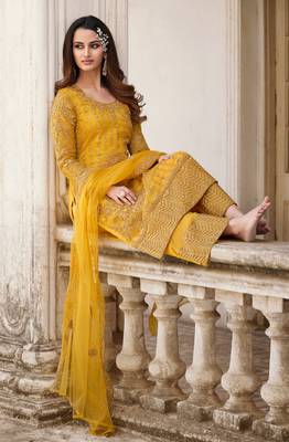 Mustard embroidered net salwar 2