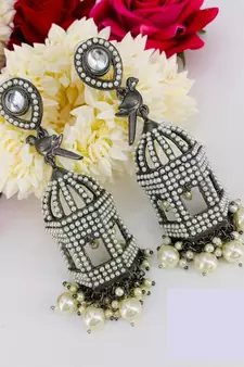 Zircon cage pearl earrings indian jewellery beautiful wedding collection partywear gifts for her bollywood jhumka jhumki