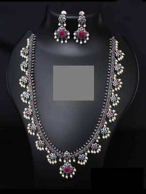 Pearl oxidized set, kolhapuri Indian stone studded oxidized set with earrings, Ethnic oxidised handmade jewelry set 2