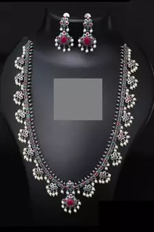 Pearl oxidized set, kolhapuri Indian stone studded oxidized set with earrings, Ethnic oxidised handmade jewelry set