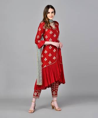 Red Frill Dress With Pakistani Pants 2