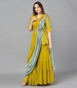 Yellow Brocade Jacket Top With 3 Tier Sharara & Drape