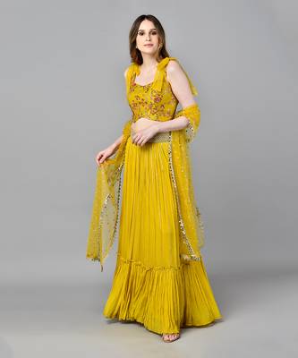 Yellow Threadwork Bustier Top With Frill Skirt 3