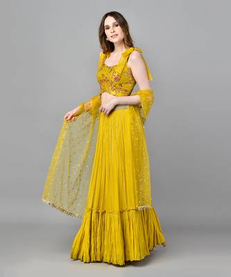 Yellow Threadwork Bustier Top With Frill Skirt 5