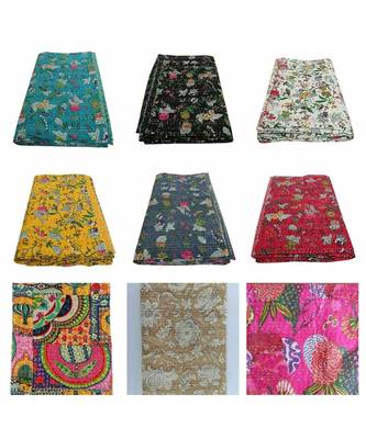 Indian Handmade Turquoise Paisley Design Kantha Quilt Bohemian Kantha Blanket Twin 90x60 Inch 1