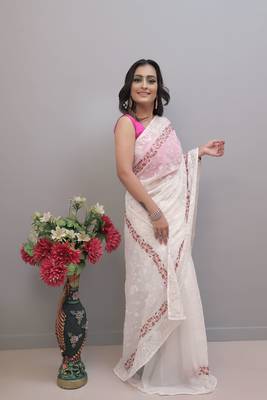 White Pure Georgette Silk Lucknowi Thread Chikankari Embroidery Work Saree 2