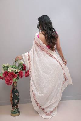 White Pure Georgette Silk Lucknowi Thread Chikankari Embroidery Work Saree 3