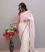 White Pure Georgette Silk Lucknowi Thread Chikankari Embroidery Work Saree