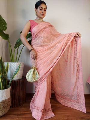  Pink Pure Georgette Silk Lucknowi Thread Chikankari Embroidery Work Saree 1