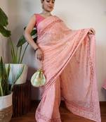 Pink Pure Georgette Silk Lucknowi Thread Chikankari Embroidery Work Saree