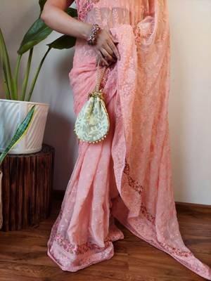  Pink Pure Georgette Silk Lucknowi Thread Chikankari Embroidery Work Saree 2