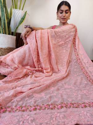  Pink Pure Georgette Silk Lucknowi Thread Chikankari Embroidery Work Saree 3