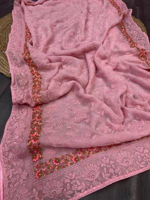  Pink Pure Georgette Silk Lucknowi Thread Chikankari Embroidery Work Saree 4