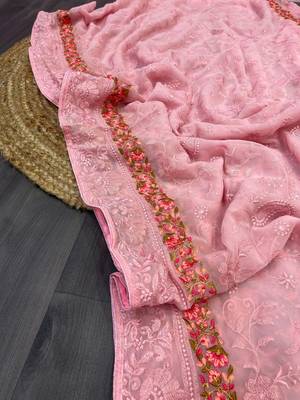  Pink Pure Georgette Silk Lucknowi Thread Chikankari Embroidery Work Saree 5