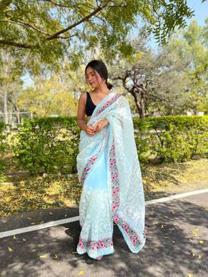 Sky-Blue Organza Silk Lucknowi Thread Chikankari Embroidery Work Saree 1