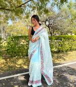 Sky-Blue Organza Silk Lucknowi Thread Chikankari Embroidery Work Saree