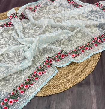 Sky-Blue Organza Silk Lucknowi Thread Chikankari Embroidery Work Saree 2