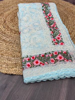 Sky-Blue Organza Silk Lucknowi Thread Chikankari Embroidery Work Saree 3