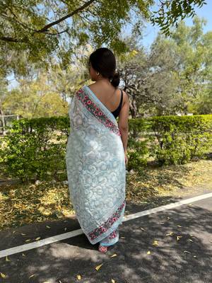 Sky-Blue Organza Silk Lucknowi Thread Chikankari Embroidery Work Saree 4