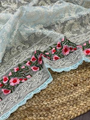 Sky-Blue Organza Silk Lucknowi Thread Chikankari Embroidery Work Saree 5